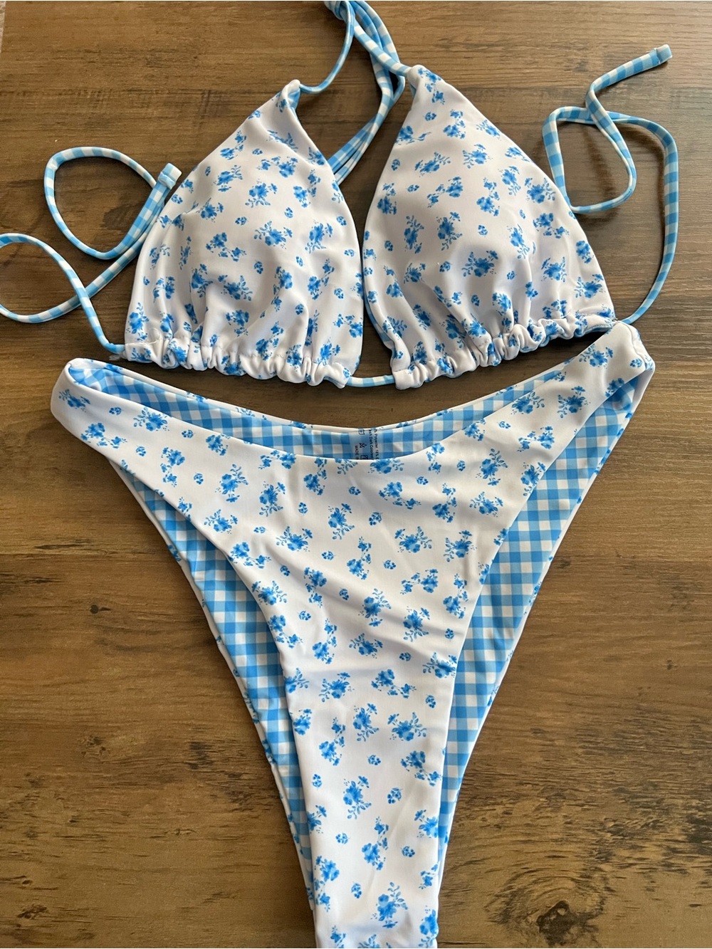 Blue Floral Reversible Triangle Halter Bikini Set - Picture 3 of 10